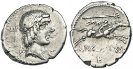 CALPURNIA. Denario. Roma (90-89 a. C.). R/ Jinete con palma a der.; L. PISO FRVGI. FFC-279. MBC+/MBC.