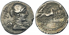 CARISIA. Denario. Roma (46 a. C.). R/ T · CARISI. FFC-538. SB-3a. Hojitas y vano. MBC.