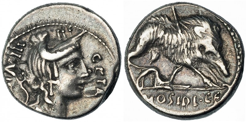 HOSIDIA. Denario. Sur de Italia (68 a. C.). A/ GETA III · VIR. R/ C · HOSIDI · C...