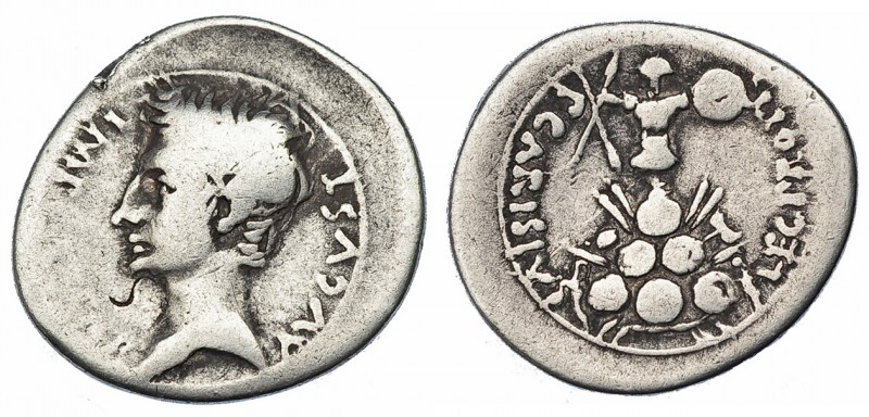 AUGUSTO. Denario. Emérita (23 a.C.). A/ Cabeza descubierta de Augusto a izq. R/ ...