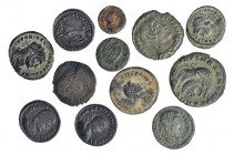 Lote de 12 bronces: Constantino I (2), Valentiniano, Elena, Crispo, Diocleciano, Constantino II, Magnencio, Joviano, Teodosio I (2) y Majencio. BC+/MB...