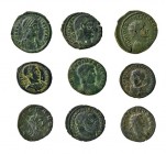 Lote de 9 bronces: II asaria; Gordiano III; follis, Crispo; antoniniano, Galieno; antoniniano, Claudio II; follis, Teodosio I; follis, Diocleciano; fo...