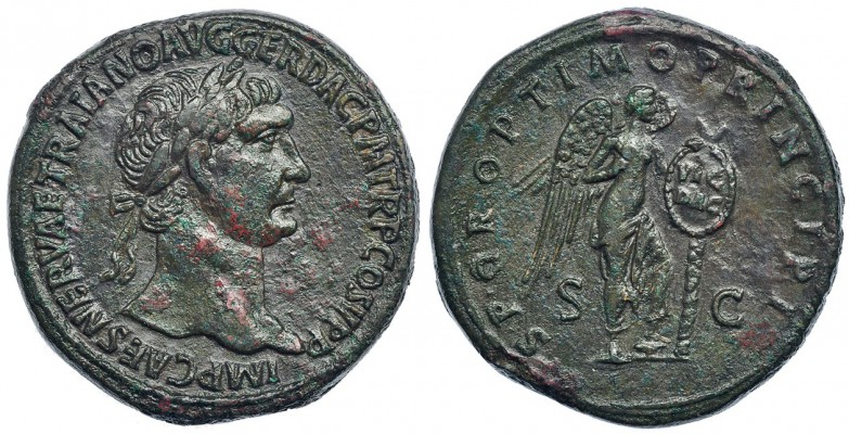 TRAJANO. Sestercio. Roma (103-111). A/ Cabeza laureada a der.; IMP CAES NERVAE T...