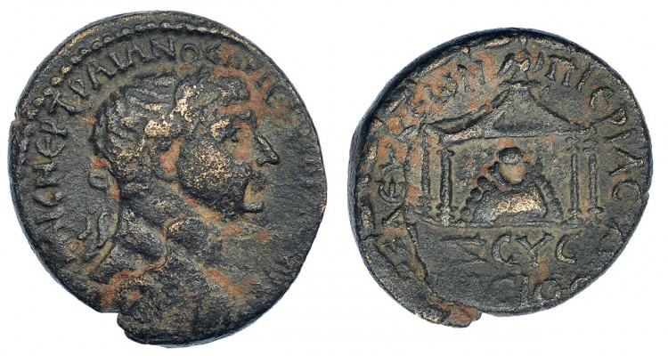 TRAJANO. Siria. Seleucis y Pieria. AE 24 mm. R/ Betilo de Zeus. COP-405. Grieta....