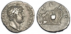 ADRIANO. Denario. Roma (125-128). R/ Instrumentos pontificales; COS III. RIC-198. MBC-.