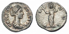 CRISPINA, esposa de Cómodo. Denario. Roma (180-182). A/ Busto drapeado a der. R/ Venus sosteniendo manzana; VENVS. RIC-286a. CH-35. Rayitas y pequeñas...