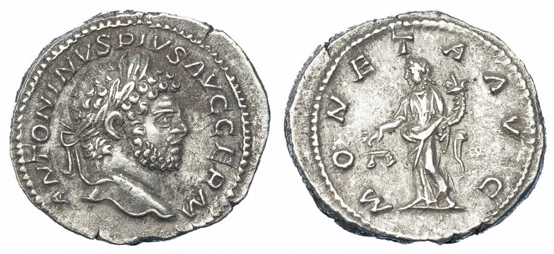 CARACALLA. Denario. Roma (215). R/ La Moneda con balanza y cornucopia. RIC-308. ...