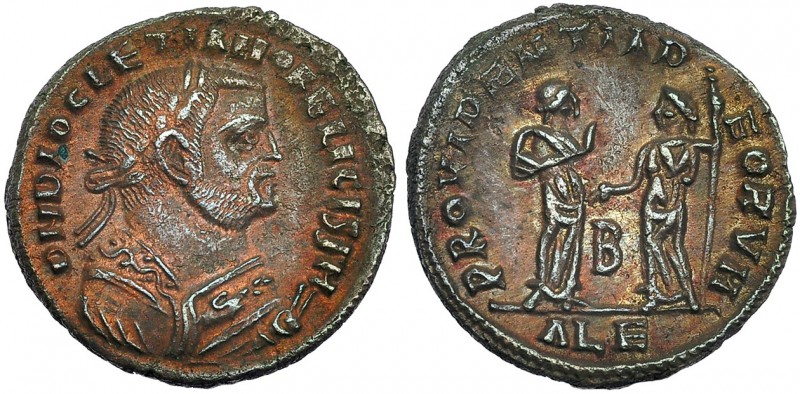DIOCLECIANO. Follis. Alejandría (308). Marcas: B en el campo; ALE en el exergo. ...