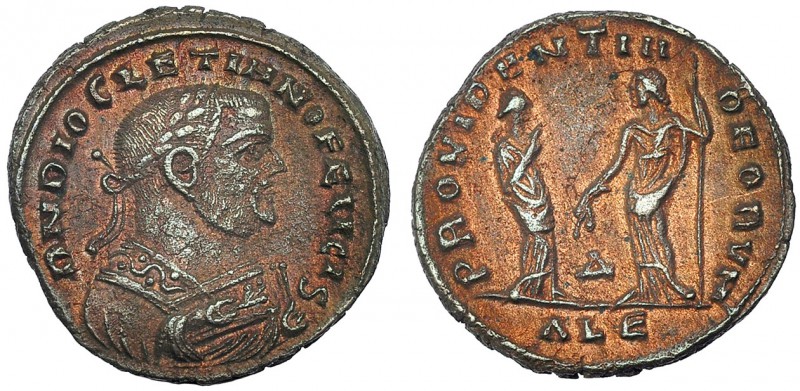 DIOCLECIANO. Follis. Alejandría (308). Marcas: Δ en el campo; ALE en el exergo. ...