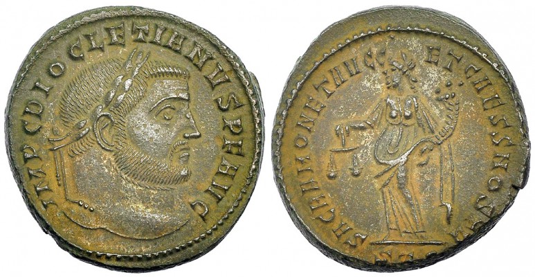 DIOCLECIANO. Follis. Ticinum (300-303). ST• en el exergo. R/ SACRA MONET AVGG ET...