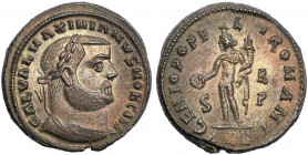 GALERIO MAXIMIANO. Follis. Alejandría (302-303). Marcas: S-BP en el campo; ALE en el exergo. R/ GENIO POPVLI ROMANI. RIC-35b. Ex C. Dattari. EBC/EBC-....