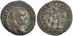 GALERIO MAXIMIANO. Follis. Alejandría (308). Marcas: P-RΔ en el campo; ALE en el exergo. R/ VIRTVS EXERCITVS. RIC-75. Ex C. Dattari. MBC+. Escasa.