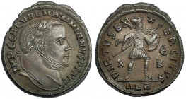 GALERIO MAXIMIANO. Follis. Alejandría (308). Marcas: X-ЄK en el campo; ALE en el exergo. R/ VIRTVS EXERCITVS. RIC-82. Ex C. Dattari. Leve acuñación fl...