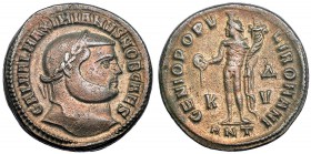 GALERIO MAXIMIANO. Follis. Antioquía (300-301). Marcas: K-ΔV en el campo; ANT en el exergo. R/ GENIO POPVLI ROMANI. RIC-55b. Ex C. Dattari. MBC.