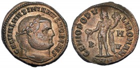 GALERIO MAXIMIANO. Follis. Antioquía (300-301). Marcas: K-HV en el campo; ANT en el exergo. R/ GENIO POPVLI ROMANI. RIC-55b. Ex C. Dattari. EBC-.