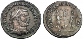 GALERIO MAXIMIANO. AE, fracción radiada. Cyzicus (295-296). Marcas: HΓ en el campo. R/ CONCORDIA MILITVM. RIC-16. Ex C. Dattari. MBC+/MBC.