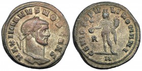 GALERIO MAXIMIANO. Follis. Roma (296-297). Marca: R en el campo; H en el exergo. R/ GENIO POPVLI ROMANI. RIC-67b. Ex C. Dattari. R.P.O. MBC-.