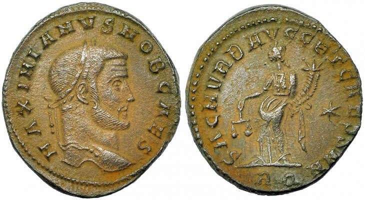 GALERIO MAXIMIANO. Follis. Roma (302-303). Marca: * en el campo; RQ en el exergo...