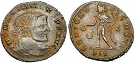 GALERIO MAXIMIANO. Follis. Siscia (309-310). Marcas: creciente - Є en el campo; SIS en el exergo. R/ GENIO AVGVSTI. RIC-198a. Ex C. Dattari. Doble acu...