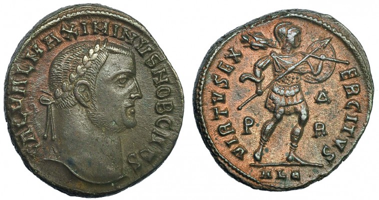 MAXIMINO II. Follis. Alejandría (308). Marcas: P-ΔR en el campo; ALE en el exerg...