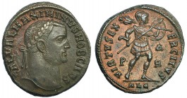 MAXIMINO II. Follis. Alejandría (308). Marcas: P-ΔR en el campo; ALE en el exergo. R/ VIRTVS EXERCITVS. RIC-77. MBC+/EBC-. Escasa. Ex C. Dattari.