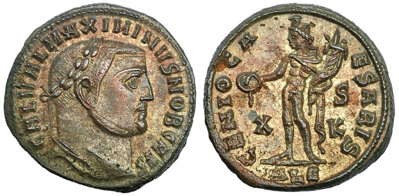 MAXIMINO II. Follis. Alejandría (308). Marcas: X-SK en el campo; ALE en el exerg...