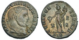 MAXIMINO II. Follis. Alejandría (308). Marcas: X-BK en el campo; ALE en el exergo. R/ GENIO CAESARIS. RIC-78. Pequeña erosión en anv. EBC-. Ex C. Datt...