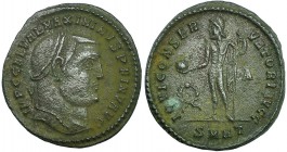 MAXIMINO II. Follis. Heraclea (312). Marcas: corona - A en el campo; SMHT en el exergo. R/ IOVI CONSERVATORI AVGG. RIC-69a. Leve oxidación. MBC. Ex C....