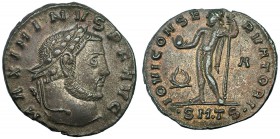 MAXIMINO II. Follis. Tesalónica (312). Marcas: corona - A en el campo. •SM•TS• en el exergo. R/ IOVI CONSERVATORI AVGG. RIC-50a. MBC+. Ex C. Dattari....
