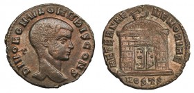 RÓMULO, HIJO DE MAJENCIO. Follis. Ostia (309-312). Acuñación póstuma. MOSTS en el exergo. A/ DIVO ROMVLO N V BIS CONS; cabeza desnuda a der. R/ AETERN...