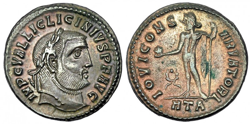 LICINIO I. Follis. Heraclea (312). Marca: corona en el campo. HTA en el exergo. ...