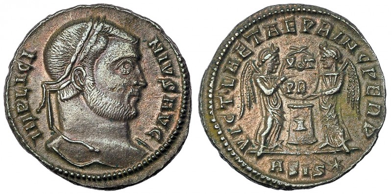 LICINIO I. Follis. Siscia (319-320). ASIS* en el exergo. R/ VICT• LAETAE PRINC P...