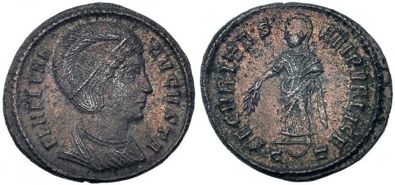 ELENA, MADRE DE CONSTANTINO I. Follis. Ticinum (326). T, creciente y T en el exe...
