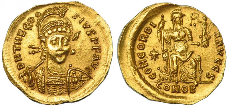 TEODOSIO II. Sólido. Constantinopla (408-420). R/ Constantinopla sentada de fren...