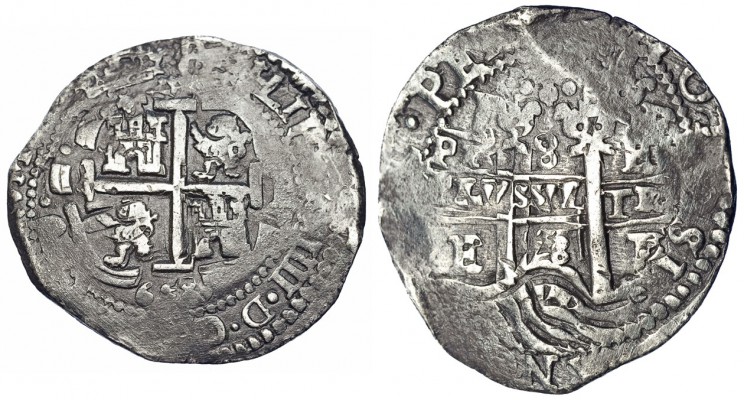 8 reales. 1658. Potosí. E. 2 fechas. CA-446. Pátina negra. MBC.
