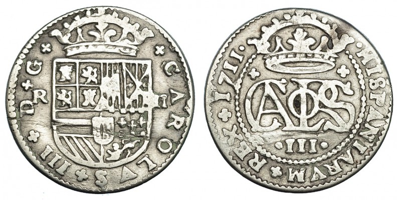 2 reales. 1711. Barcelona. VI-25. Desdoblada. MBC-.