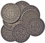 Lote de 8 monedas de real. Felipe V (4); Fernando VI (3); Carlos III (1). Todas diferentes. De BC+ a MBC.