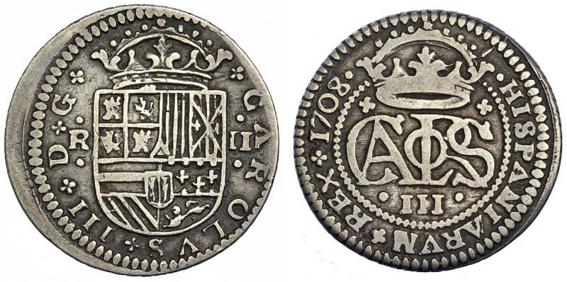 2 reales. 1708. Barcelona. VI-22. MBC-.