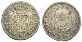Real. 1757. México. M. Coronas reales. VI-156. Pequeñas marcas. MBC-/BC+. Rara.