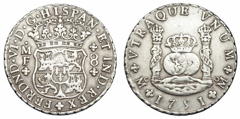 8 reales. 1751. México. MF. VI-359. Golpe en el centro del anv. y rev. MBC.
