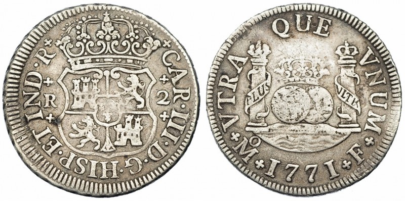 2 reales. 1771. México. F. VI-563. Ligeramente alabeada. MBC/MBC-.