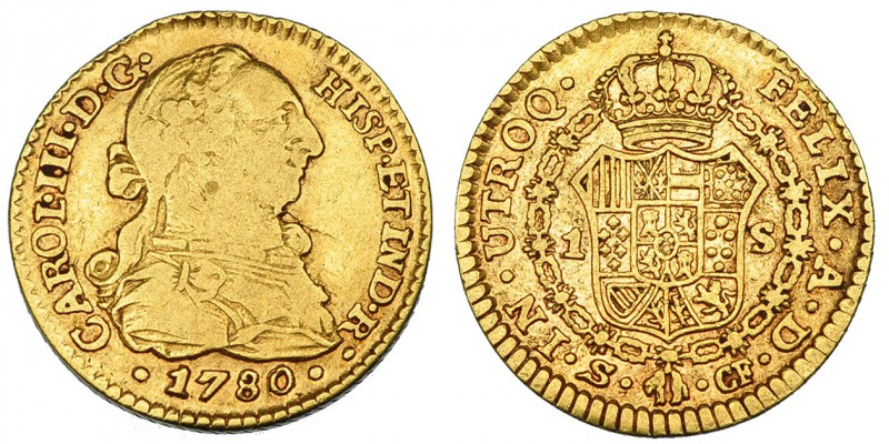 Escudo. 1780. Sevilla. CF. VI-1247. Rebaba por rotura de cuño. MBC-/MBC.