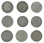 Lote de 9 monedas de 2 reales. Felipe V (2); Carlos III pretendiente (1); Fernando VI (2); Carlos III (2); Carlos VI (2). Todas diferentes. 1 con sold...