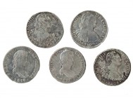 Lote de 5 monedas de 8 reales. Carlos IV (3); Fernando VII (2). Uno de ellos con agujero tapado. BC-/MBC.