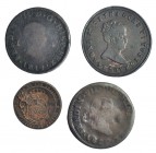Lote de 4 piezas de Jubia. 4 maravedís 1819; 4 maravedís 1820; Resello "60" sobre céntimo de escudo de Isabel II; Medalla de proclamación de Isabel II...