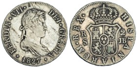 2 reales. 1827. Sevilla. JB. VI-785. Hojitas. MBC-.