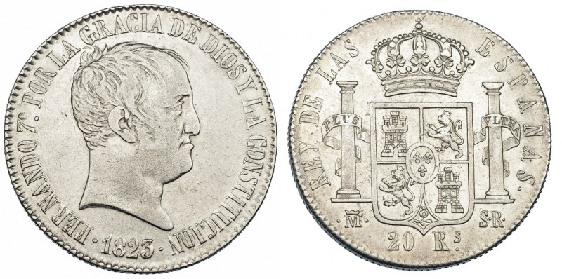 20 reales. 1823. Madrid. SR. VI-1077. MBC+. Escasa.