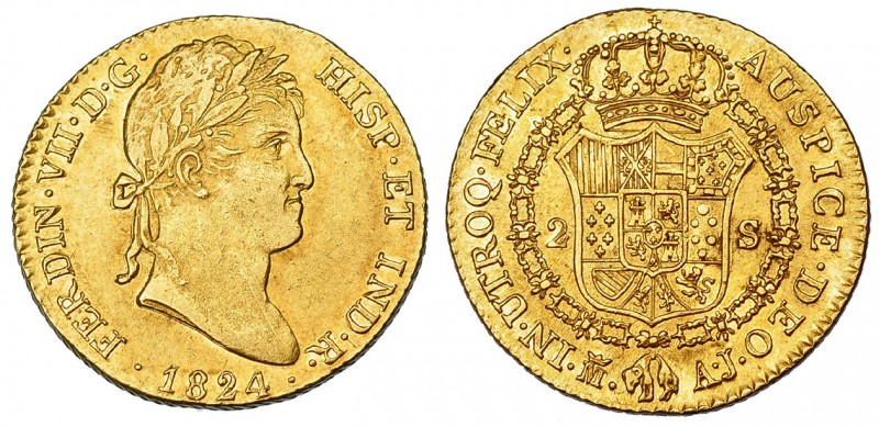 2 escudos. 1824. Madrid. AJ. VI-1347. Rayitas en anv. R. B. O. EBC-/EBC.