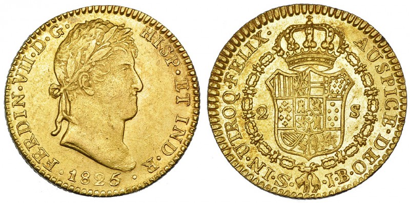 2 escudos. 1825-4. Sevilla. JB. VI-1394 vte. B. O. EBC-/EBC+.