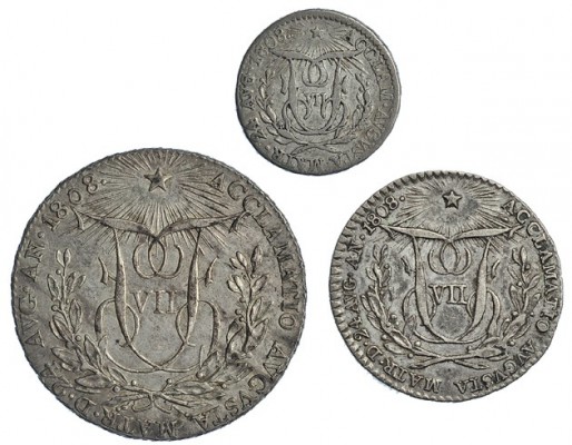 Lote de 3 piezas. Medalla de proclamación en Madrid, 1808. Módulo de 1/2, 1 y 2 ...